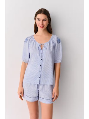 Dream Fashion Mavi Çizgi Baskılı Amanda Gömlek Yaka Şort Pijama Takımı