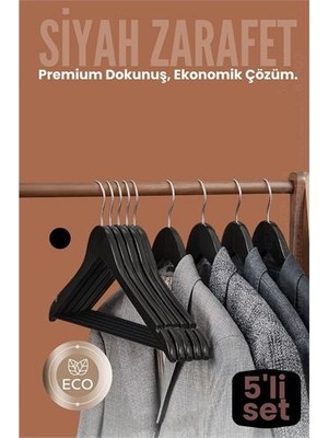Findit 5'li Lüks Siyah Elbise Ceket Askısı - Ergonomik & Kaymaz Plastik Askı Seti -  Ahşap Görünümlü