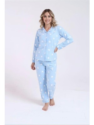 Belirtilmemiş Kadın Açık Mavi Kalp Desenli Düğmeli Uzun Kollu Pamuk Pijama Takımı