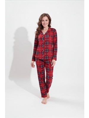 Belirtilmemiş Ekose Desenli Düğmeli Uzun Kollu Kadın Pijama Takımı