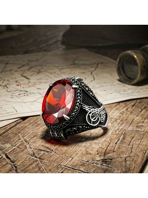 925 Ayar Gümüş Kırmızı Zirkon Taşlı Tuğra Model Yüzük