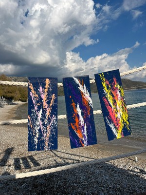 Husta Aksesuar  El Emeği Modern Soyut Üçlü Tablo Seti - Mdf Üzeri Akrilik -37X15