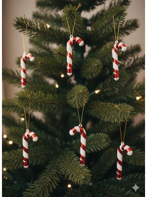 Dodomar 7 cm – Yılbaşı Ağaç Süsü Baston Şeker Kırmızı 6 Parça Askılı Dekoratif Set