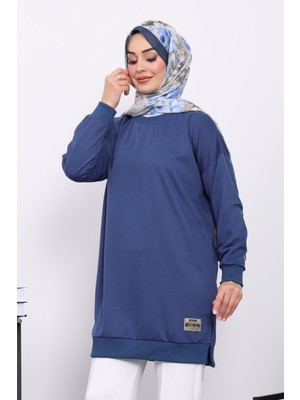 İmaj Butik Açık Lacivert Bisiklet Yaka Armalı Tunik