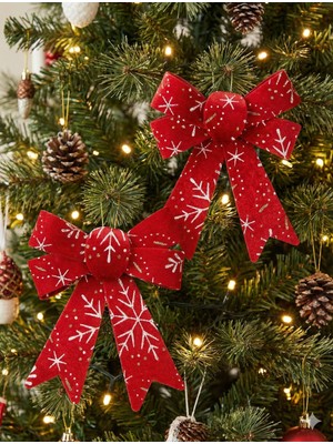 Dodomar 18 cm – Yılbaşı Fiyonk Kadife Simli Baskılı Kırmızı 2'li Paket Ağaç Dekoru