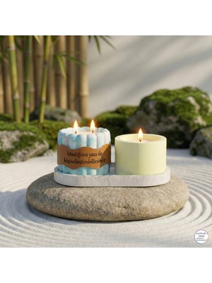 Miaju Unutulmaz Bir Anı, Isim ve Mesaj Yazılabilen, Mermer Desenli Tepsili Mum Seti, Özel Hediyelik, Mavi