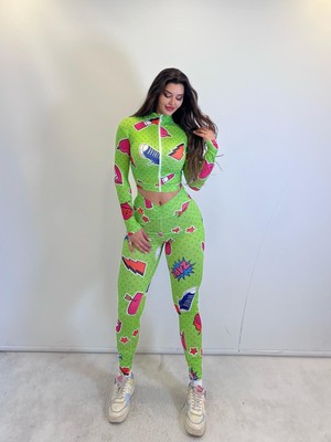 Pink Life Yeşil Desenli Taytlı Büstiyerli Üçlü Takım