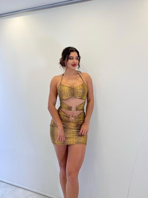 Pink Life Gold Lame Askılı Toka Detaylı Mini Etekli Takım