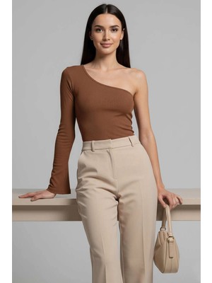 End Black Store Tek Omuzlu Basic Bluz Kahve T4275