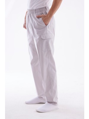 Beratnur Erkek Lüx Açık Gri Rahat Kesim Beli Lastikli Bağcıklı 8 Cepli Keten Pantolon