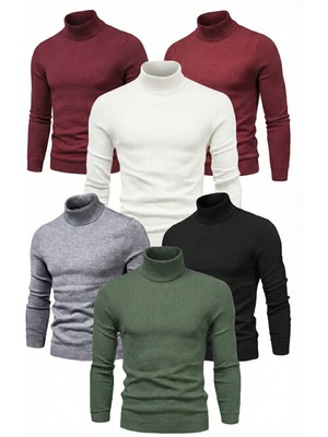 Velmora Fashion 6'lı Siyah, Beyaz, Bordo, Gri, Haki Unisex Kaşkorse Boğazlı Full Likralı Fitilli Body Kazak