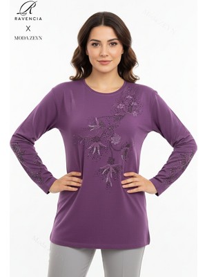 Ravencia Kadın Orta Yaş ve Üzeri Viskon Yapraklı Desen Taşlı Yırtmaçlı Işlemeli Likralı Anne Penye Bluz