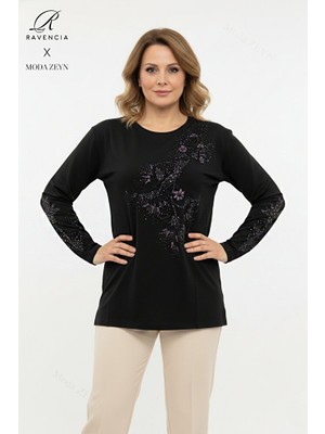 Ravencia Kadın Orta Yaş ve Üzeri Viskon Yapraklı Desen Taşlı Yırtmaçlı Işlemeli Likralı Anne Penye Bluz