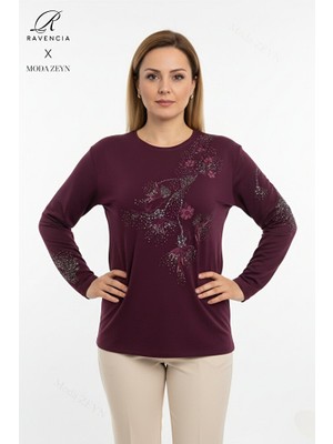 Ravencia Kadın Orta Yaş ve Üzeri Viskon Yapraklı Desen Taşlı Yırtmaçlı Işlemeli Likralı Anne Penye Bluz