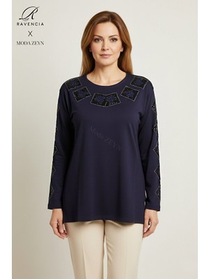 Ravencia Kadın Orta Yaş ve Üzeri Viskon Kare Taşlı Yırtmaçlı Işlemeli Likralı Anne Penye Bluz
