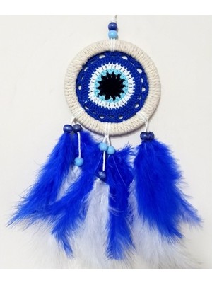 Aykn Saks Mavisi Kuş Tüylü Nazar Boncuğu Motifli El Yapımı Duvar Süsü (485O0)