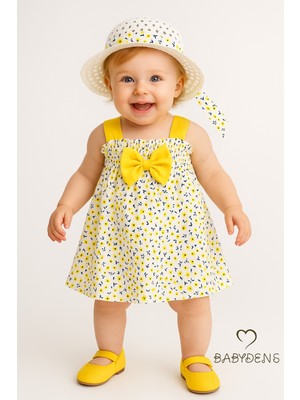 Babyden's Kız Bebek Çiçek Desenli Fiyonklu Yazlık Elbise Şapkalı Takım Pamuklu Sarı Çiçekli Bebek Kombini