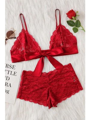Çamaşır Kenti Kadın Kırmızı Dantelli & Kurdelalı Sütyen Külot Takımı
