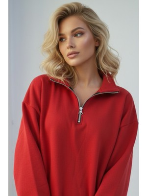 Uncia Outdoors Yarım Fermuarlı Kadın Oversize Sweatshirt Rahat Kalıp Günlük Kullanım