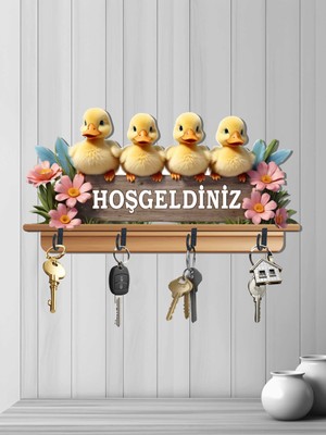 Altınuç Art Design Dört Metal Kancalı 30 x 16 cm 2d Ahşap Uv Baskılı Civciv Hoşgeldiniz Mdf Duvar Askılığı Anahtarlık V5