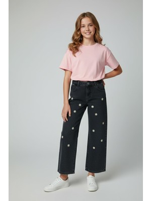 FullaModa Beli Ayarlanabilir Kelebek Nakışlı Taşlı Kız Çocuk Palazzo Pantolon