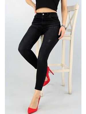 ArVib Kadın Siyah Antrasit Tırnaklı Eskitmeli Yüksel Bel Dar Paça Skinny Pamuk Likralı Kot Pantalon