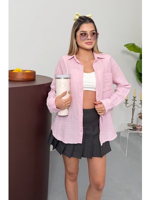 Jee Lee Kadın Uzun Kollu %100 Pamuklu Salaş Gömlek Pembe - 26Y 2012