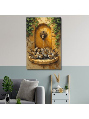 Gaagart Tekli Dikey Kanvas Tablo Tarihi Çeşmede Su Içen Serçeler