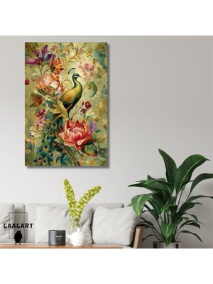 Gaagart Tekli Dikey Kanvas Tablo Gösterişli Çiçekler ve Tavuskuşu