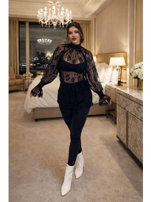Pink Life Siyah Dantelli Pantolon ve Bluz Ikili Takım