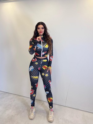 Pink Life Siyah Desenli Taytlı Büstiyerli Üçlü Takım