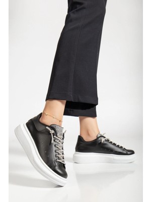 Erceka Taşlı Günlük Kullanıma Uygun Kadın Spor Ayakkabı Sneaker – Bağcıklı, Su Geçirmez (Siyah-Beyaz-Mavi)