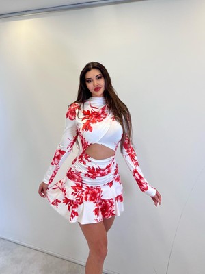 Pink Life Kırmızı Çiçek Des.uzun Kol.fırfır Etekli Mii Elb.