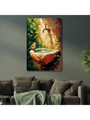 Gaagart Tekli Dikey Kanvas Tablo Tarihi Çeşmede Su Içen Serçe
