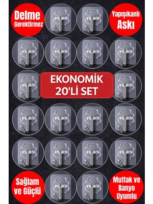 20’li Şeffaf Kendinden Yapışkanlı Duvar Askısı | Matkap Gerektirmez | Güçlü Tutucu