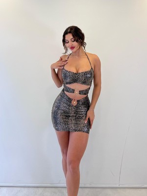 Pink Life Leopar Lame Askılı Toka Detaylı Mini Etekli Takım