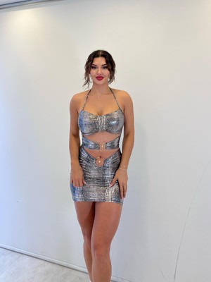 Pink Life Gümüş Lame Askılı Toka Detaylı Mini Etekli Takım