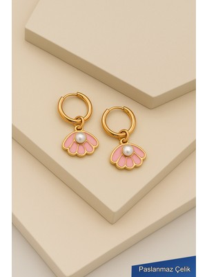 Trend Collection Pembe Mineli Inci Figürlü Altın Renk Paslanmaz Çelik Kadın Küpe