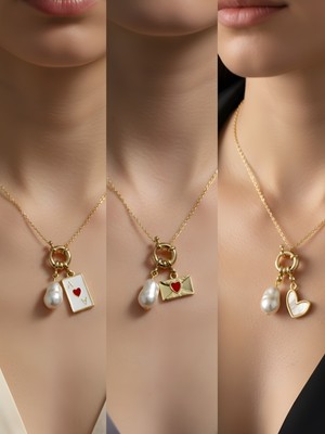 NKT Collection Beyaz Kalp Kalpli Zarf Kupa As İncili Kolye