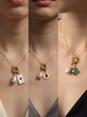 NKT Collection Zümrüt Yeşili Yıldız Ay Güneş Kupa As İncili Kolye