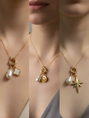 NKT Collection Midye Kalpli Zarf Ay Güneş İncili Kolye