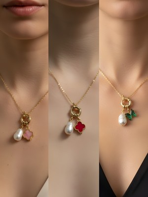 NKT Collection Zümrüt Yeşili Kelebek Kırmızı Yonca Midye İncili Kolye