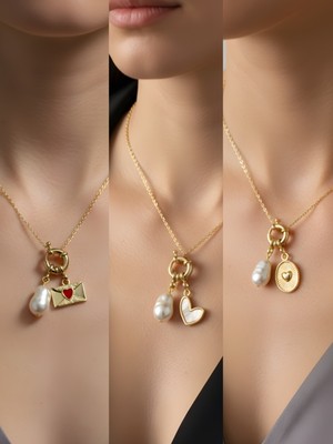 NKT Collection Kabartma Kalp Beyaz Kalp Kalpli Zarf İncili Kolye