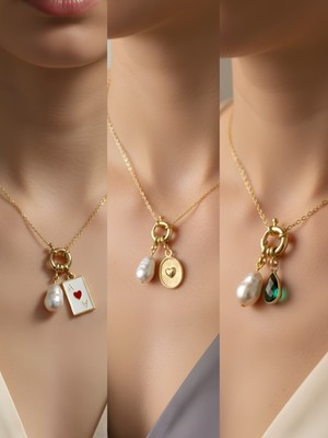 NKT Collection Zümrüt Yeşili Damla Kabartma Kalp Kupa As İncili Kolye