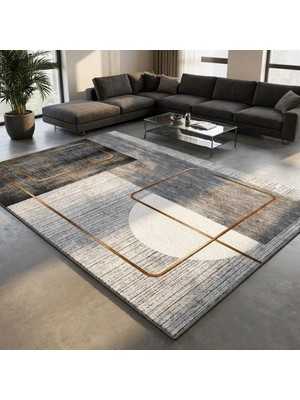 Carpettex Gri Altın Çizgili Geometrik Desenli Dijital Baskılı Kaymaz Tabanlı Yıkanabilir Modern Halı