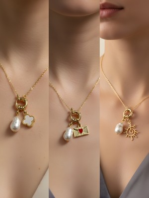 NKT Collection Güneş Kalpli Zarf Beyaz Yonca İncili Kolye