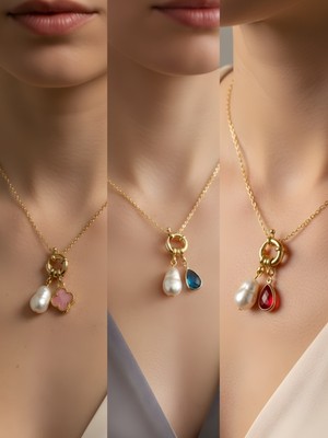 NKT Collection Kırmızı Damla Turkuaz Damla Pembe Yonca İncili Kolye