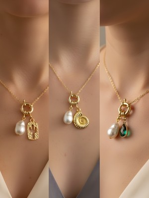 NKT Collection Zümrüt Yeşili Damla Deniz Kabuğu Kaktüs İncili Kolye