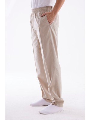 Beratnur Erkek Açık Bej Beli Lastikli %100 Keten Hac ve Umre Pantolon -  Bej