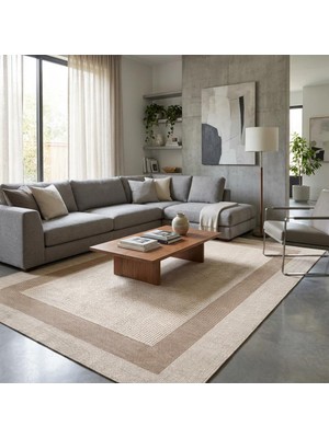 Carpettex Kahve Bej Çerçeveli Salon Halısı Dijital Baskılı Kaymaz Tabanlı Yıkanabilir Modern Halı